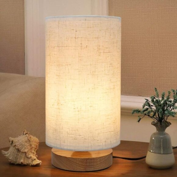 Bedside Table Lamp Daughter Gift Linen Shade Beige Wood Base LED Bulb USB Plug - Picture 16 of 16